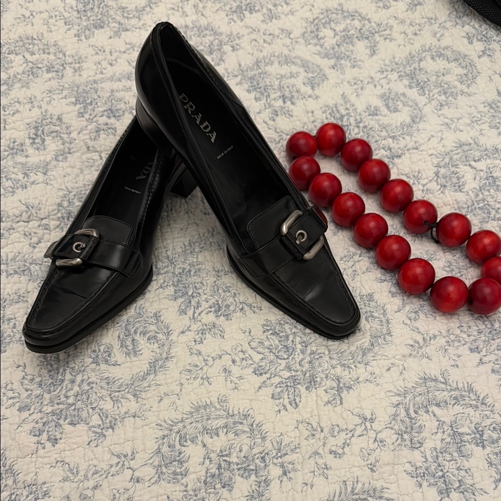 Prada Black Leather Loafers with Buckle Detail